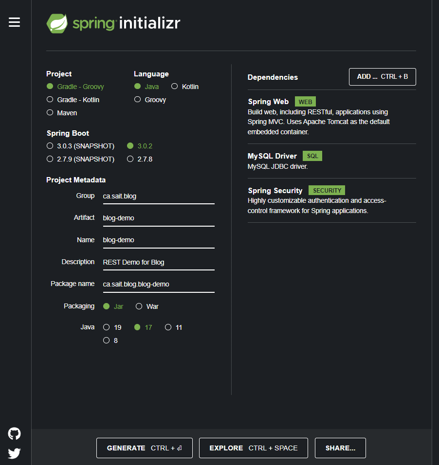 Spring initlizr Website